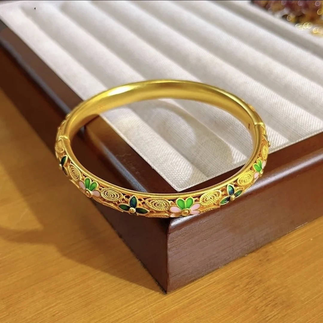 手镯宫廷风古法珐琅彩四叶花丝手镯送老婆送妈妈礼物