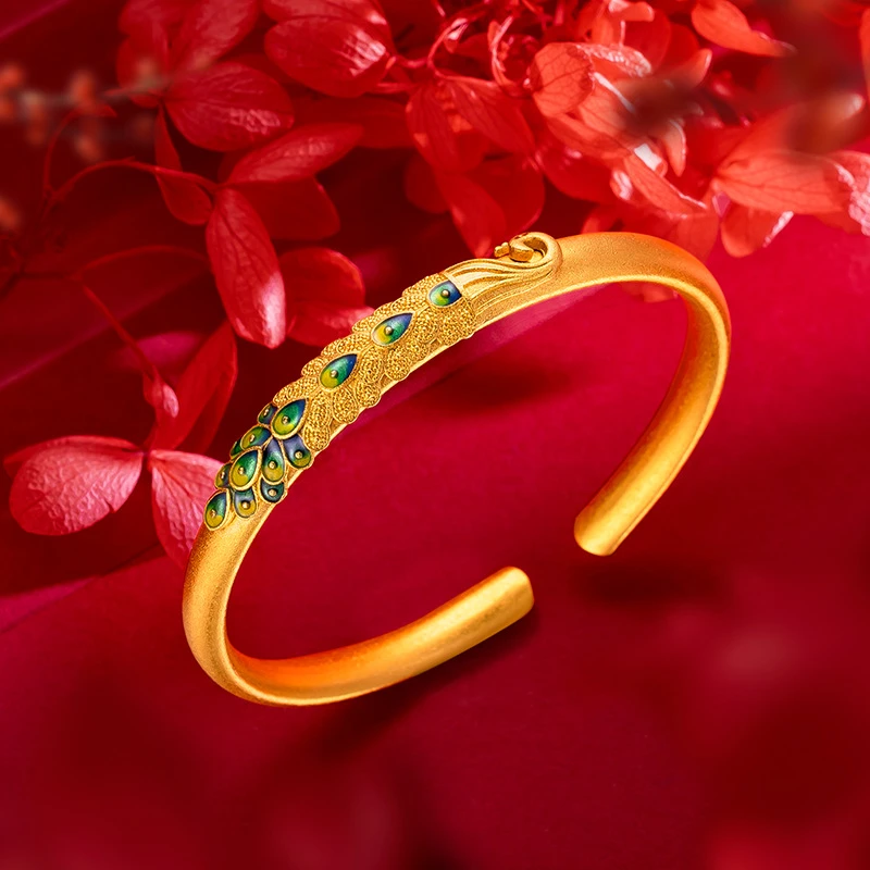 铜合金手镯 经典孔雀手镯女款烧蓝珐琅复古民族风开口镯子手饰品