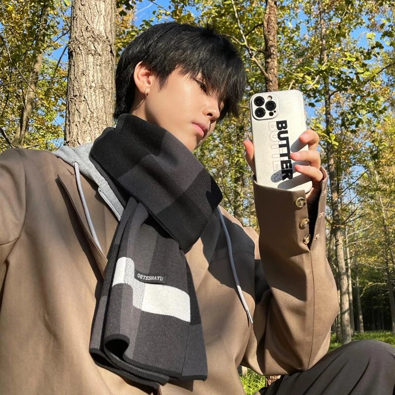 围巾男秋冬百搭保暖男士格子学生加厚围脖送男朋友生日礼物高档