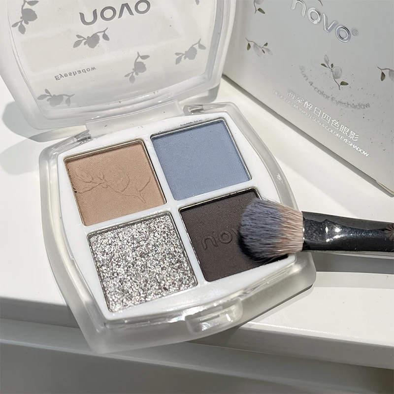清冷小烟熏蓝色眼影！novo四色眼影盘黑银多色哑光闪粉亮晶晶碎钻