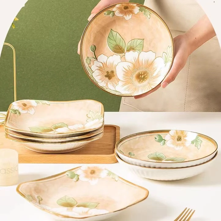 陶瓷盘子山茶花圆盘/方盘家用陶瓷菜盘日式风瓷盘创意竖纹水果盘