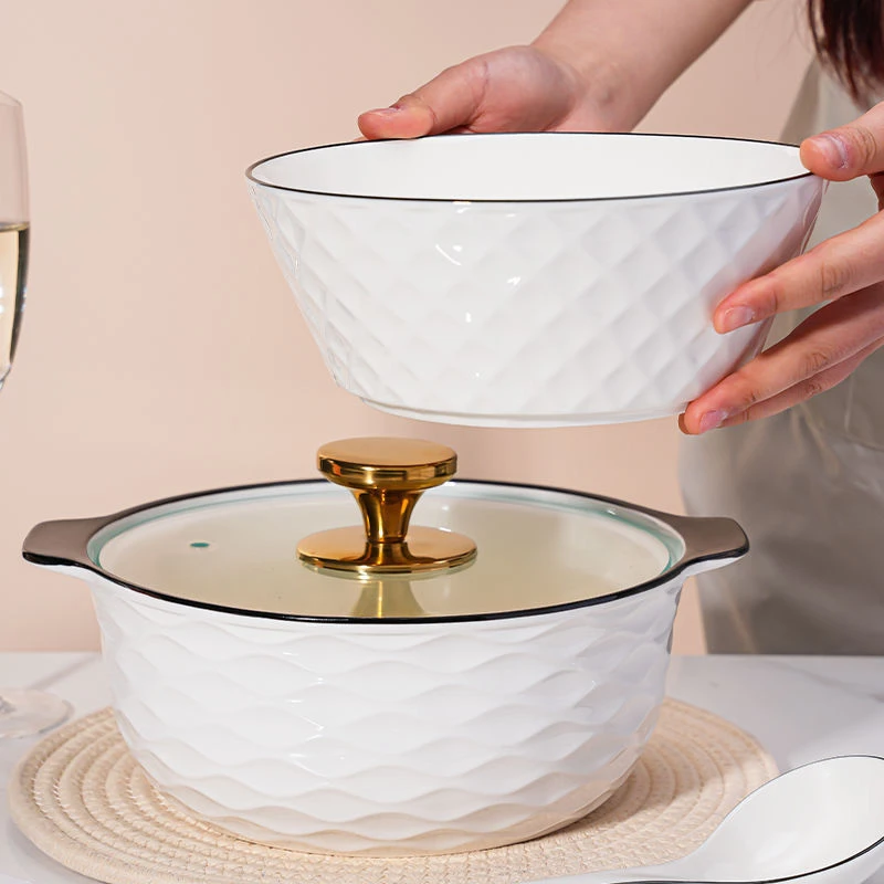 陶瓷碗新款家用双耳带盖汤煲大号陶瓷汤盆耐高温专用玻璃盖汤碗