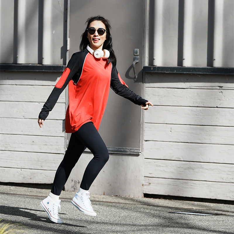 gymna复古学院风运动T恤拼色宽松速干T恤休闲长袖美式上衣女新款