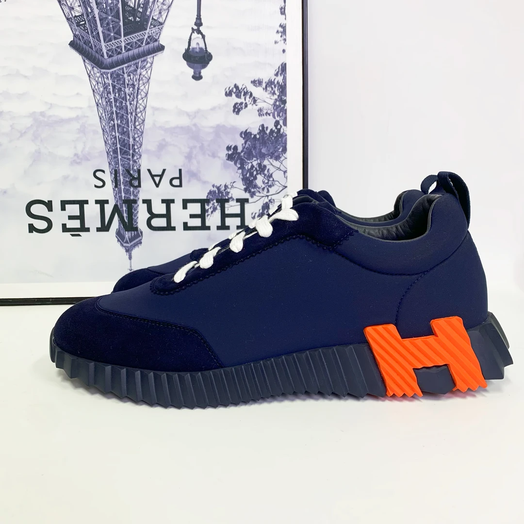全新未使用 Hermes/爱马仕 爱马仕bouncing藏蓝色尼龙橙标运动鞋
