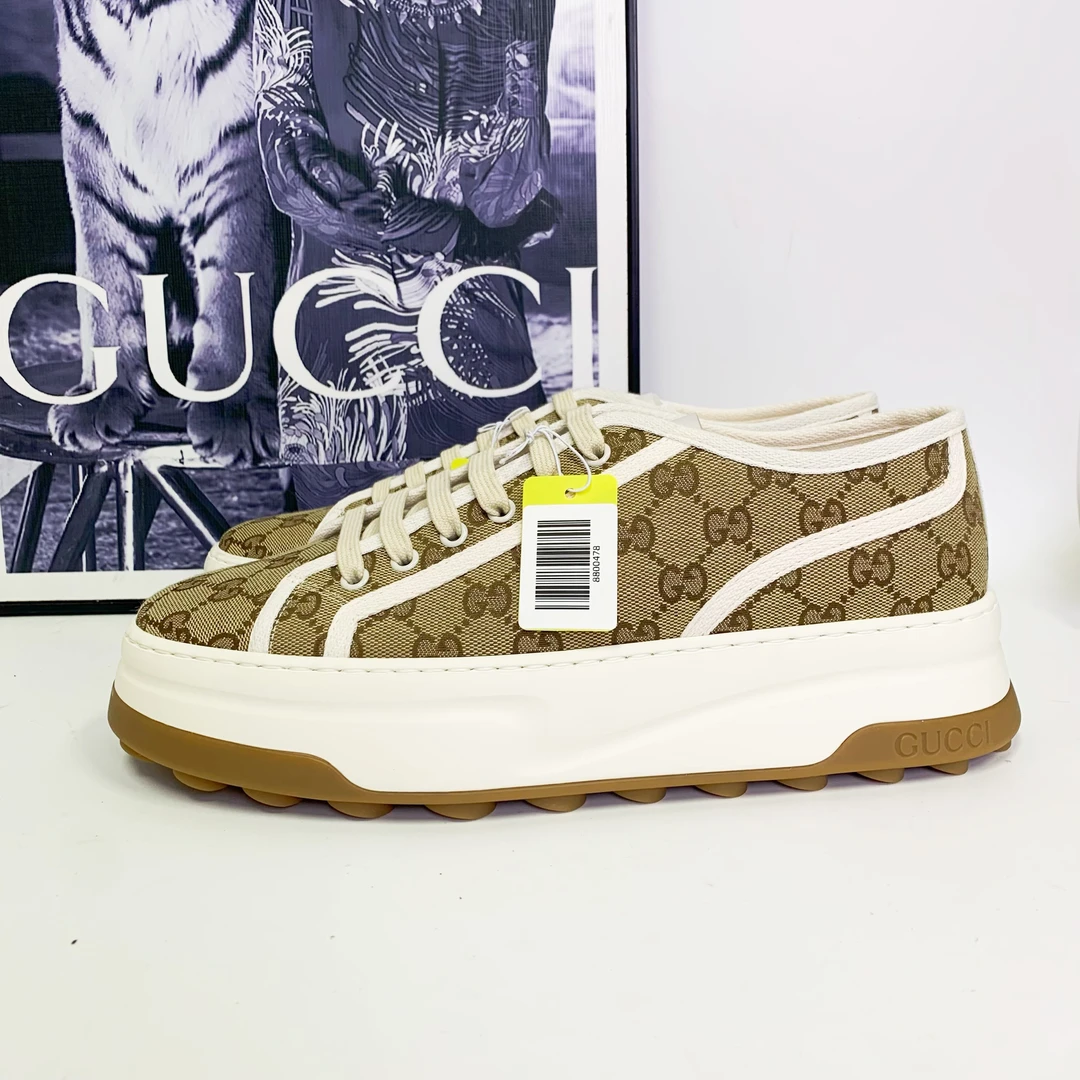 全新未使用 GUCCI/古驰 古驰乌木色老花满印帆布松糕鞋厚底复古