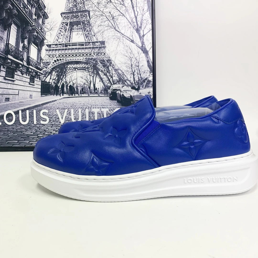 全新未使用 LouisVuitton/路易威登 LV蓝色皮面老花满印一脚蹬