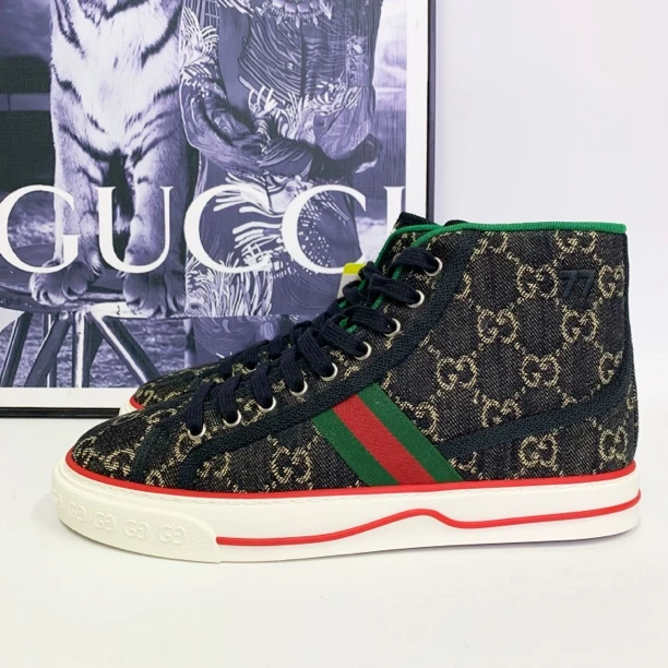 全新未使用 GUCCI/古驰 古驰1977系列黑色高帮牛仔老花帆布鞋满印