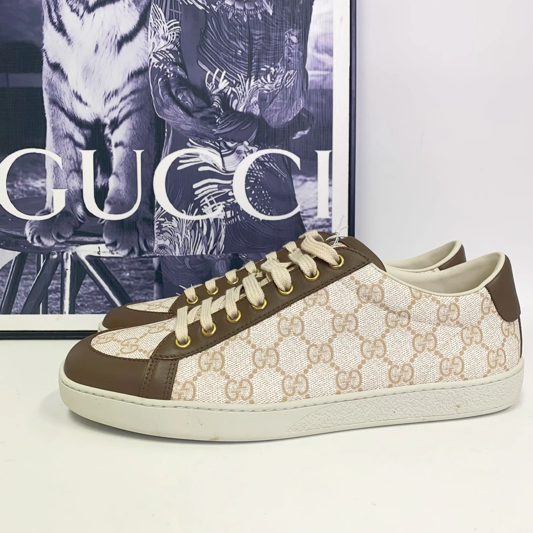 全新未使用 GUCCI/古驰 古驰ACE系列棕白老花板鞋经典低帮满印