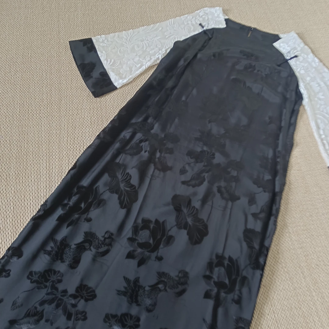 【周文国潮】复古斜襟烧花拼接长袍