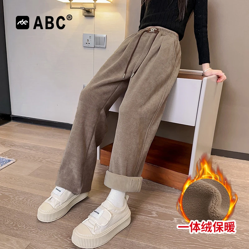 ABC女童冬季加绒阔腿裤中大童休闲裤2023新款裤子儿童加厚直筒裤