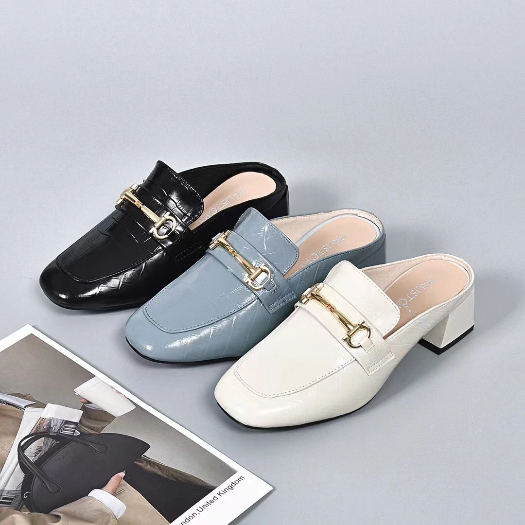 2025新款方头软漆皮包头半拖鞋女夏外穿半托单鞋乐福鞋中跟真皮鞋