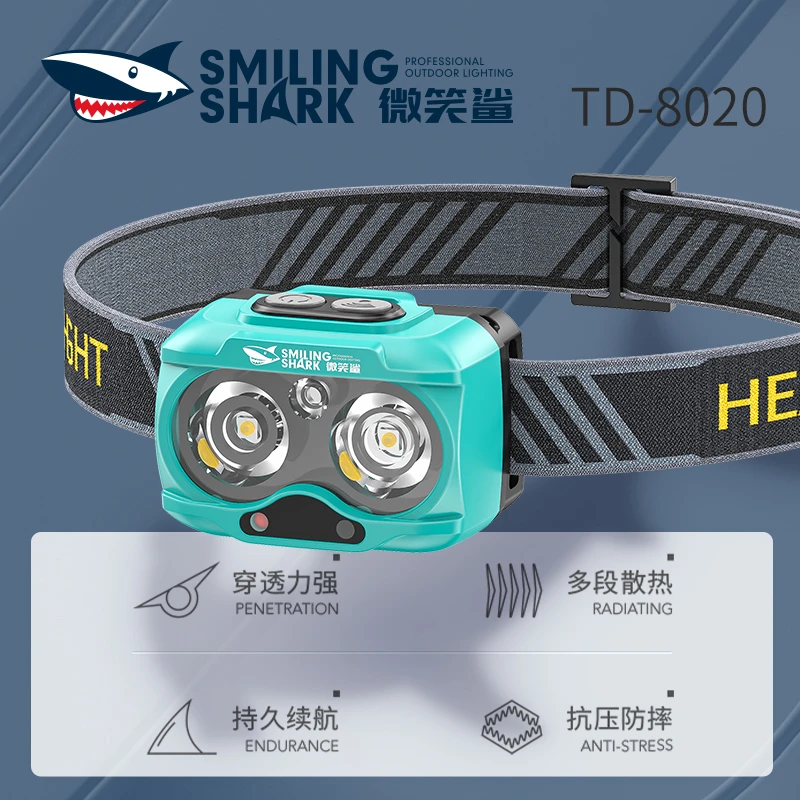 【微笑鲨】品牌双灯声控感应式高亮度续航头灯户外充电超亮照明头灯