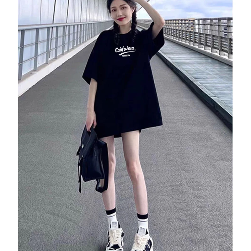 欧货黑色中长款短袖t恤女2024夏季新款宽松百搭遮屁股减龄上衣服