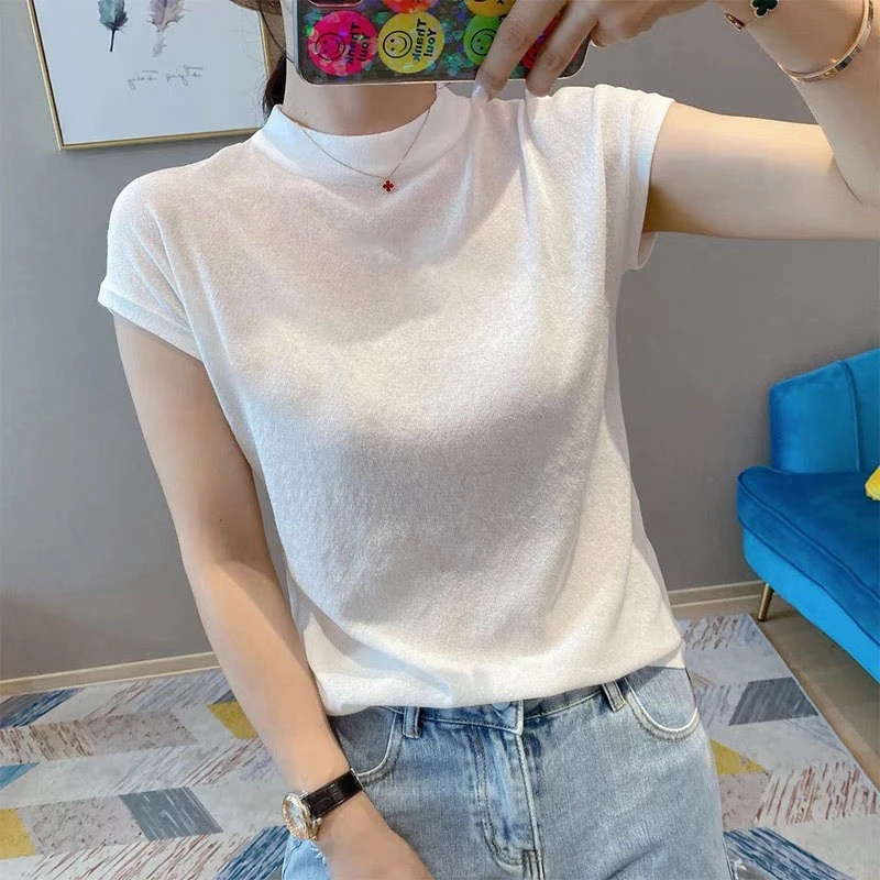 新款白色短袖t恤女修身显瘦时尚半高领洋气小衫打底衫吊带背心潮