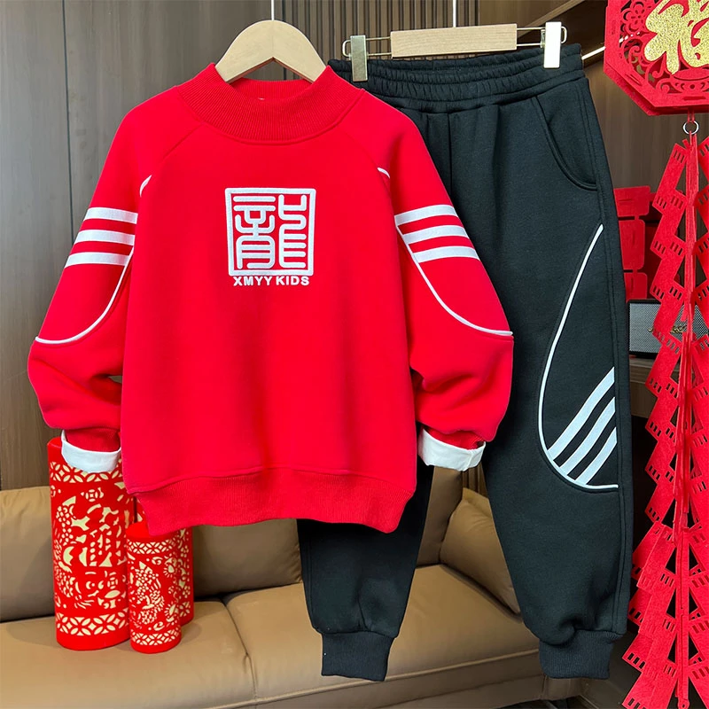 34285 儿童卫衣套装男童羊羔绒中大童拜年服加绒加厚秋冬季男孩