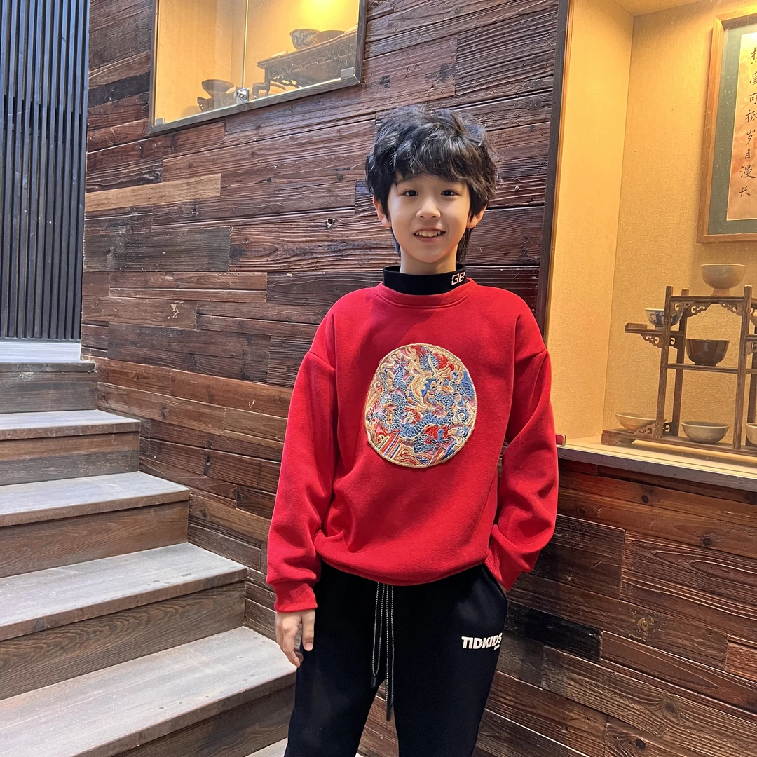 34256 男童卫衣儿童中大童加绒加厚打底年服秋冬红色圆领长袖冬季