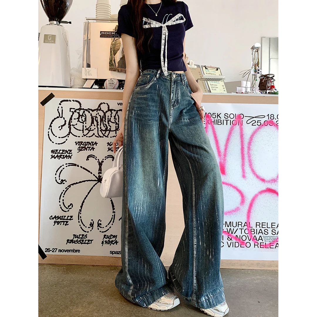 大码女装胖mm设计感复古阔腿牛仔裤早秋新款高腰显瘦直筒拖地裤潮