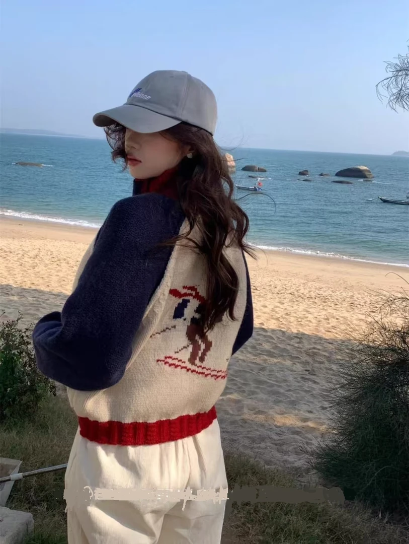 红蓝白撞色滑雪针织衫开衫156
