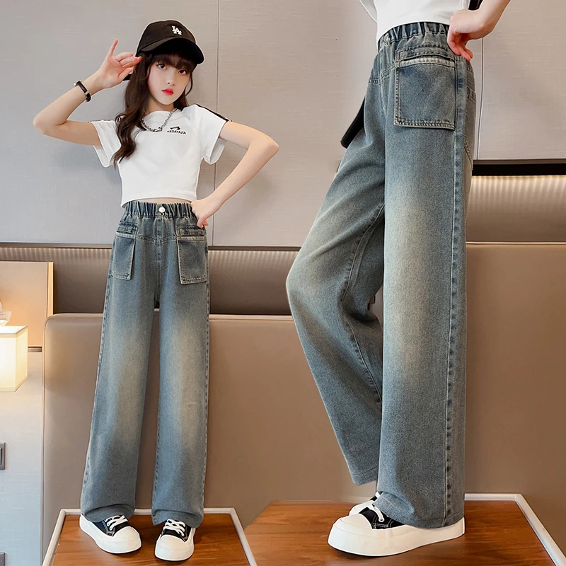女童夏季牛仔裤2025新款儿童洋气复古高腰显瘦百搭薄款直筒阔腿裤