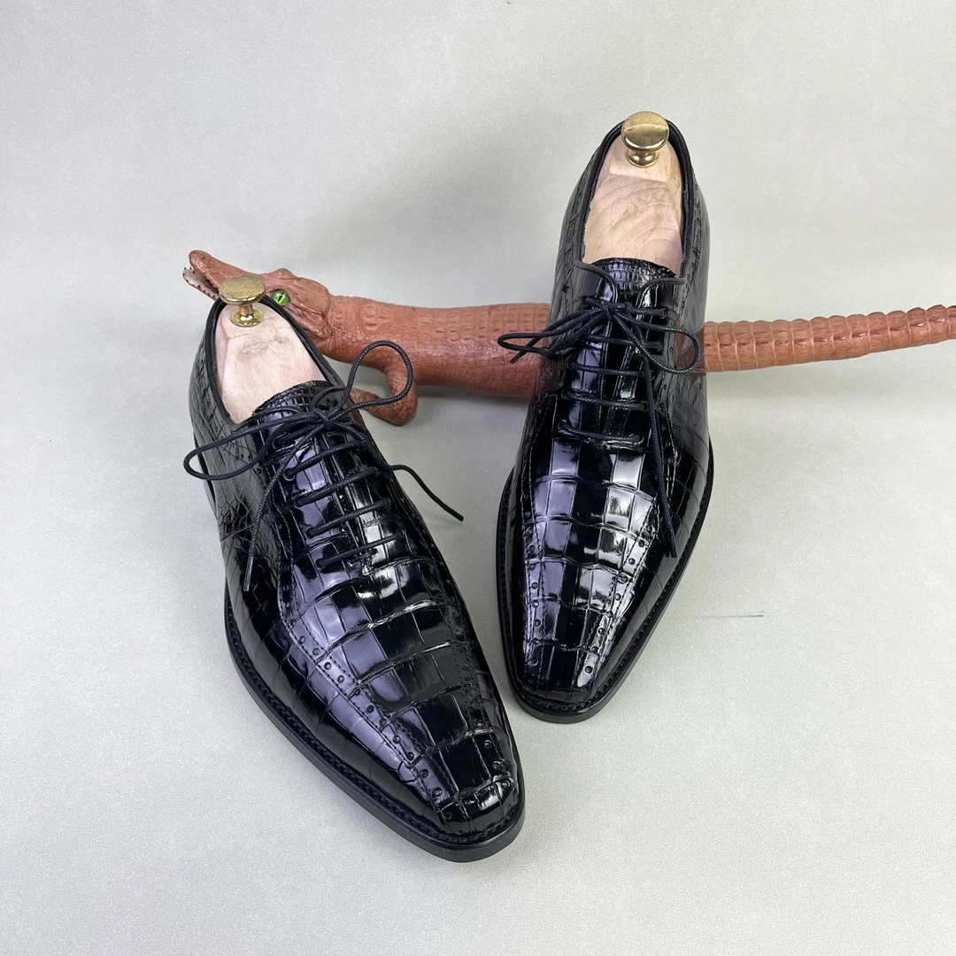 真鳄鱼腹部肚皮雕花正装皮鞋真皮大底系带男士西装商务系带尖头