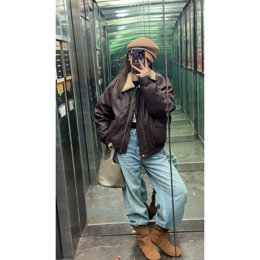 【Da Wang】美式高端白鸭绒皮衣夹克