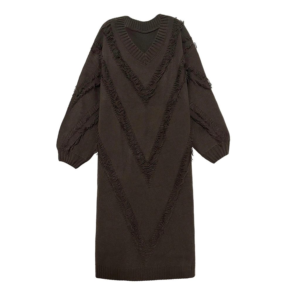 轻仓V领流苏洋气针织秋冬气质百搭针织毛衣显瘦连衣裙231009