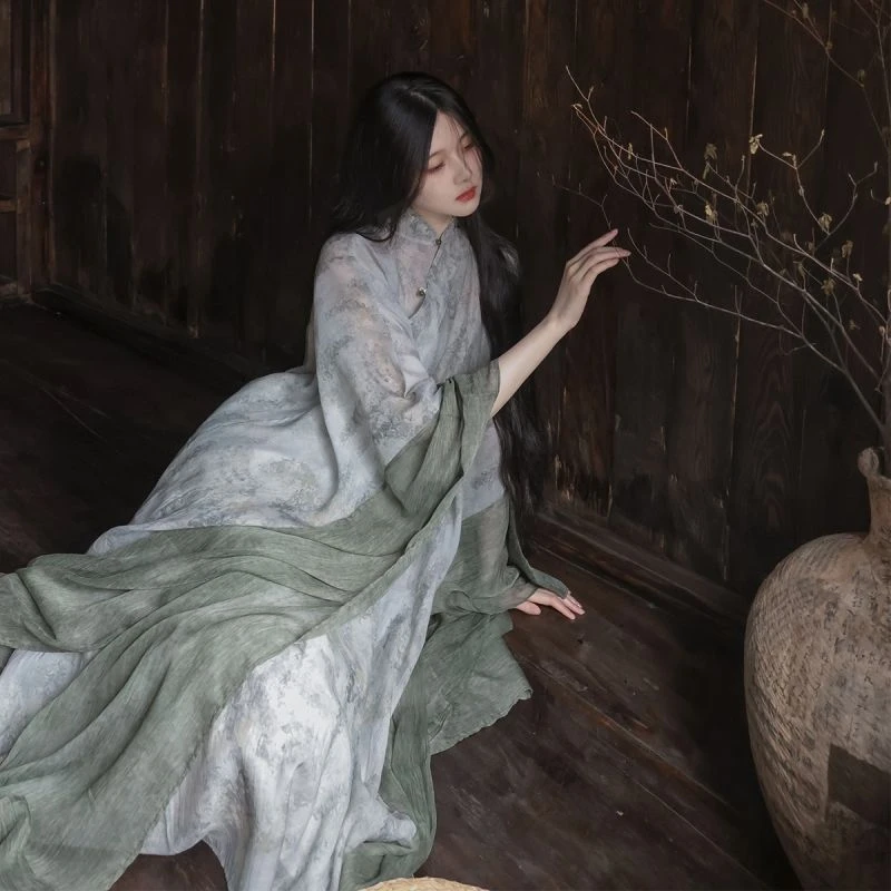 清冷中式飘逸文艺长袍改良汉服仙气宽松连衣裙设计感小众仙女裙