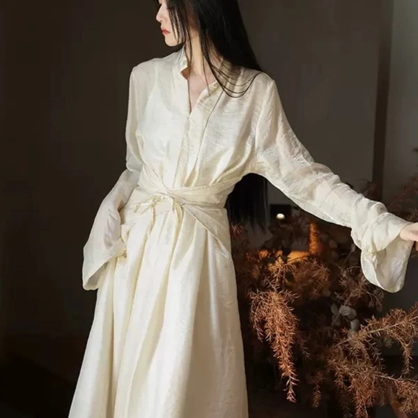 清冷感连衣裙温柔气质纯色设计感小众新中式长衫系带复古收腰显瘦