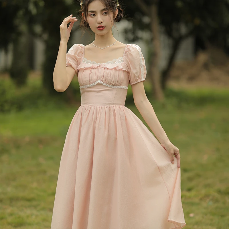 奈良绝美裙子女夏季茶歇法式连衣裙方领长裙复古海边度假【3031】