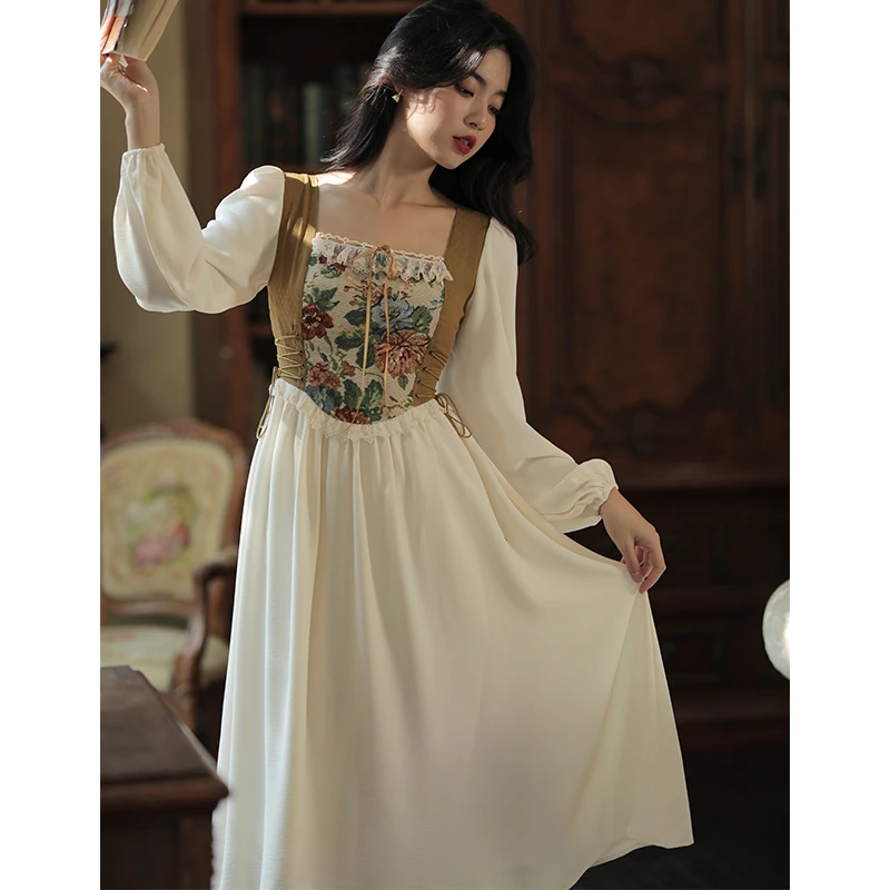 奈良春秋季连衣裙2025女长袖法式复古长裙宫廷风欧式田园风裙子
