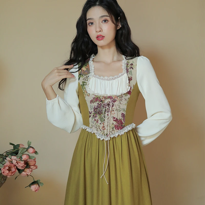 奈良秋冬法式长裙长袖连衣裙女春季气质复古裙子【3049】