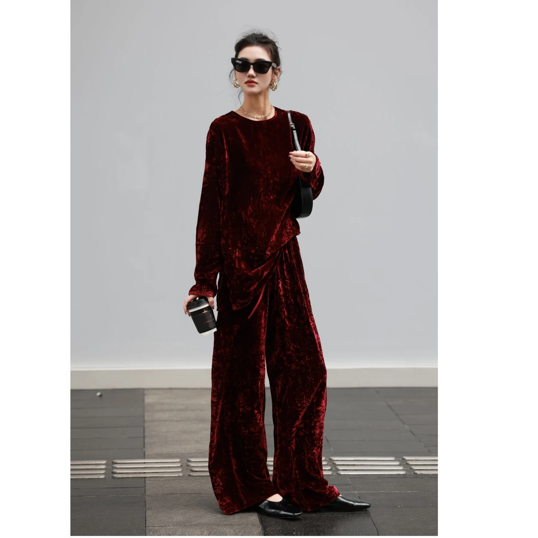 深圳南油原创设计师款 丝绒上衣阔腿裤套装