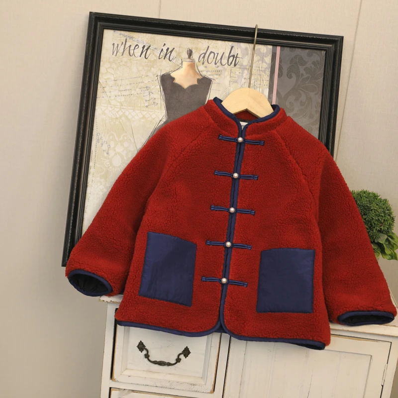 儿童棉服冬季新款羊羔绒外套男童女童拜年服