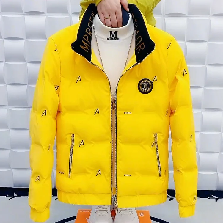 冬季新款网红外套男士羽服时尚印花加厚保暖韩版修身短裤立领棉衣