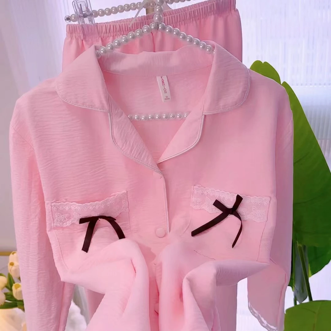 秋季透气绵柔蝴蝶结睡衣套装长袖长裤家居服女款时尚