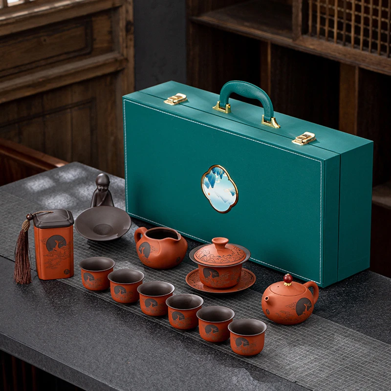 紫砂茶具套装家用轻奢精雕土楼茶洗茶道全套功夫泡茶壶盖碗送礼