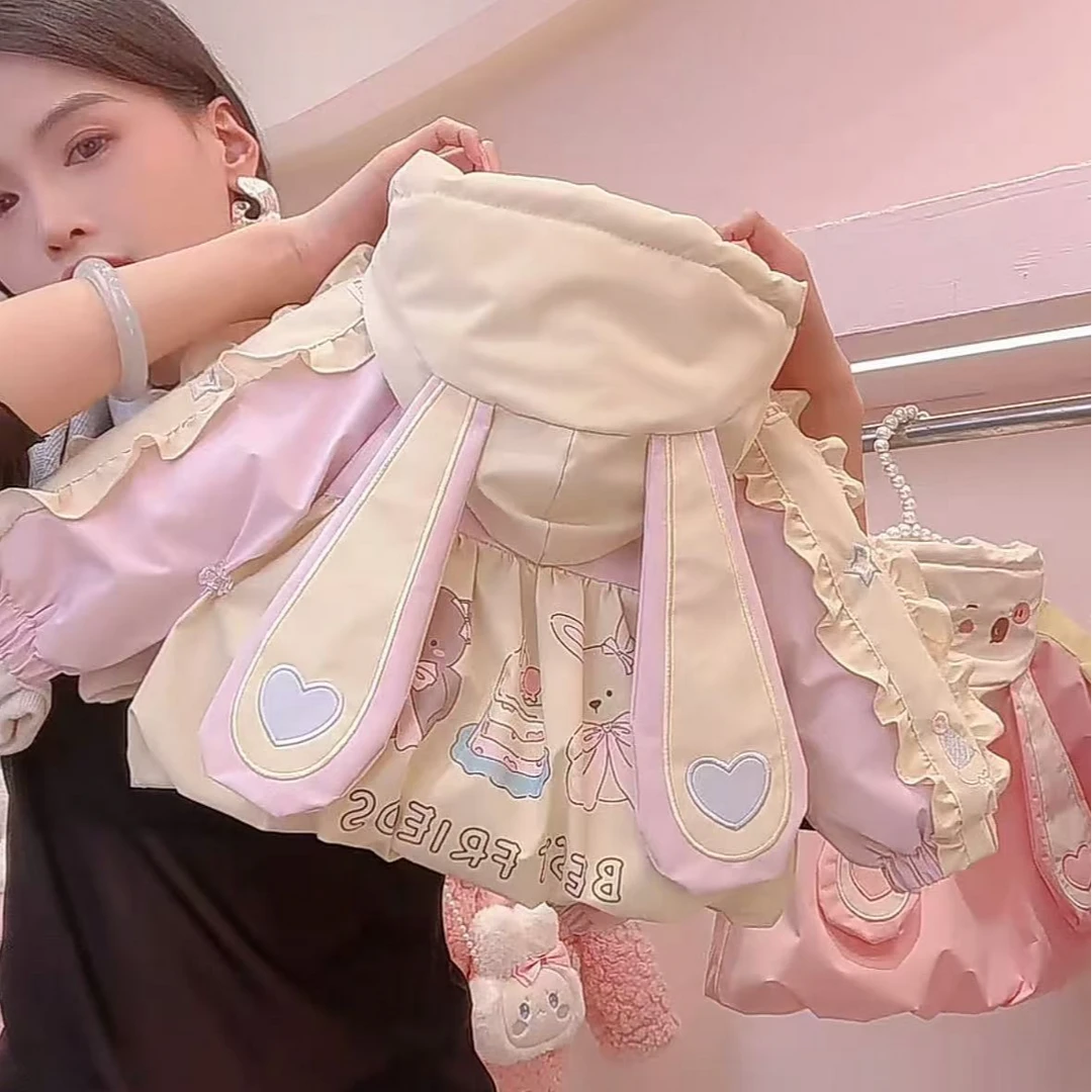 N72 秋冬季新款女童可爱时尚卡通拼色洋气女宝加绒加厚连帽外套