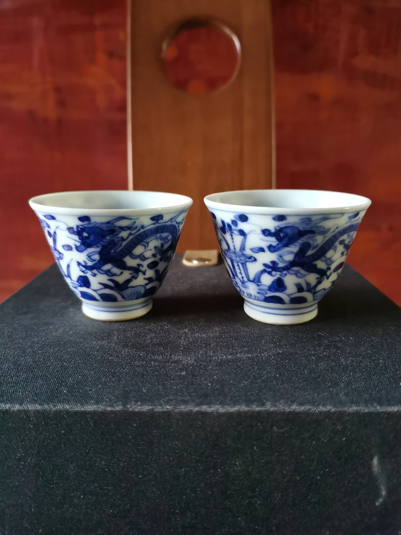 小康青花龙纹茶杯一对普洱杯瓷杯马蹄杯带盖子白瓷景德镇白瓷杯男