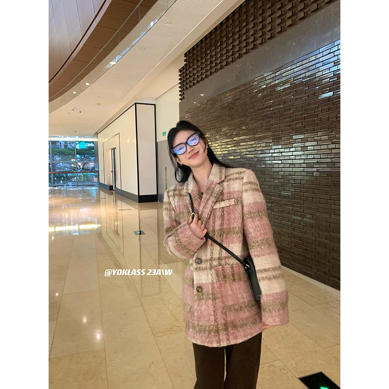 王少女【清清】粉色格纹宽松外套保暖时尚气质冬毛呢上衣 N13073S34