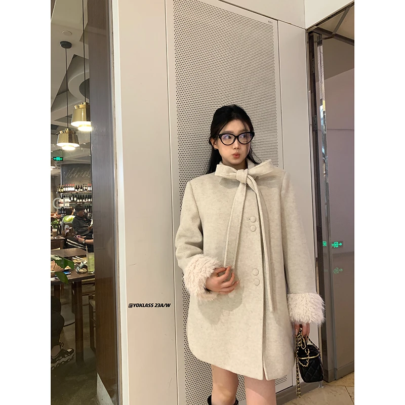 王少女【清清】米杏色加厚中长款立领外套气质上衣 N15307S34