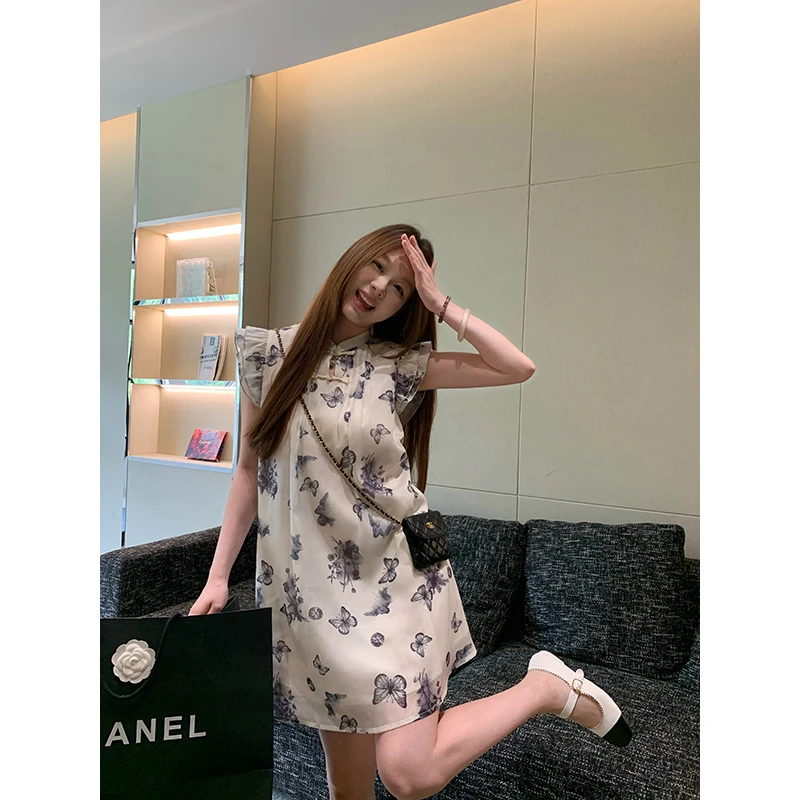王少女【清清】米白色新中式小飞袖连衣裙宽松法式裙子L21192S42
