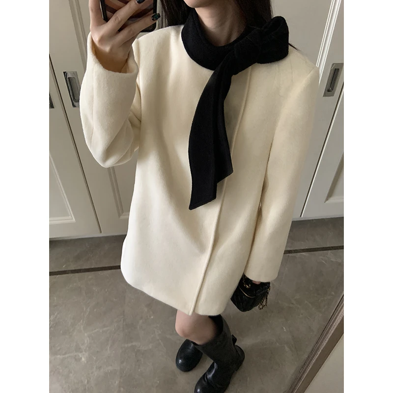 王少女的店 奶白色中长厚款单面呢外套秋冬季气质上衣  N27383S44