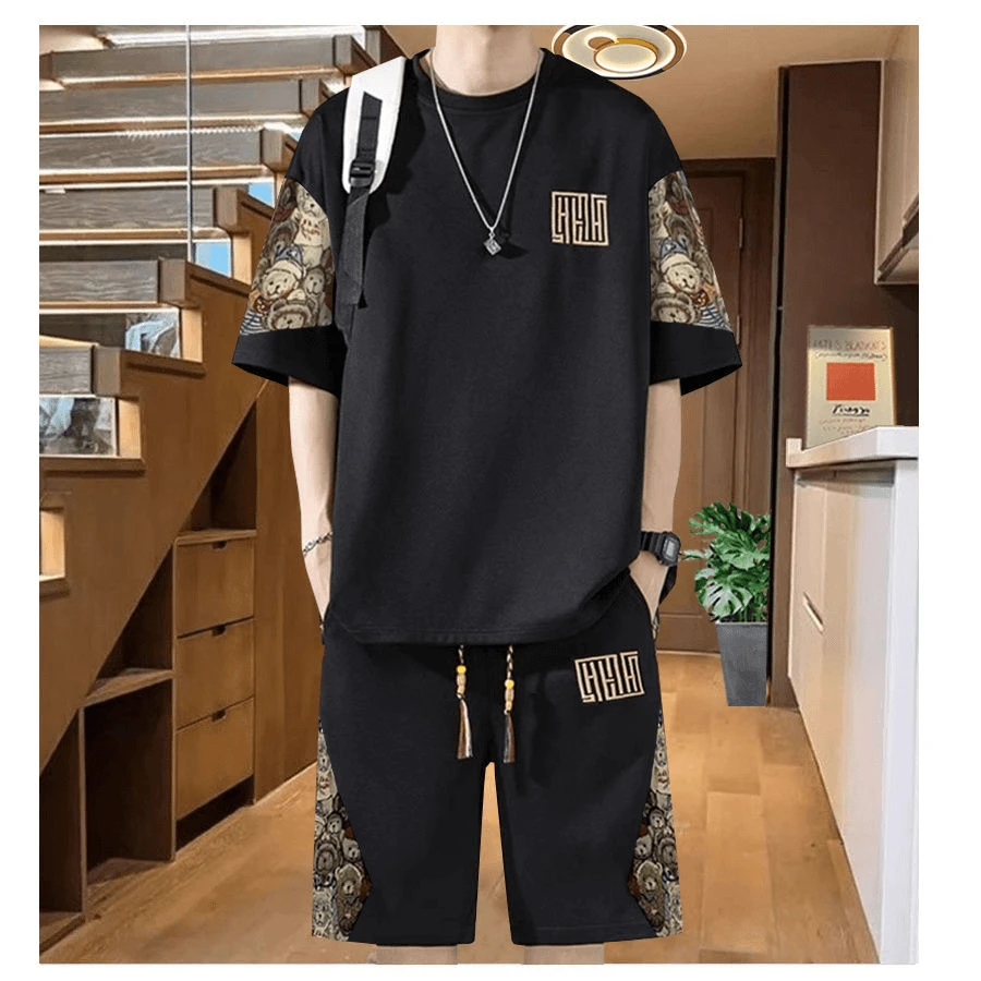 夏季男士中国风运动套装爆款男装2024新款刺绣宽松短袖短裤休闲