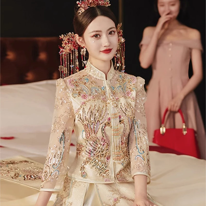 秀禾服2024新款夏季结婚中式新娘服香槟色薄款秀禾高端修身秀和服