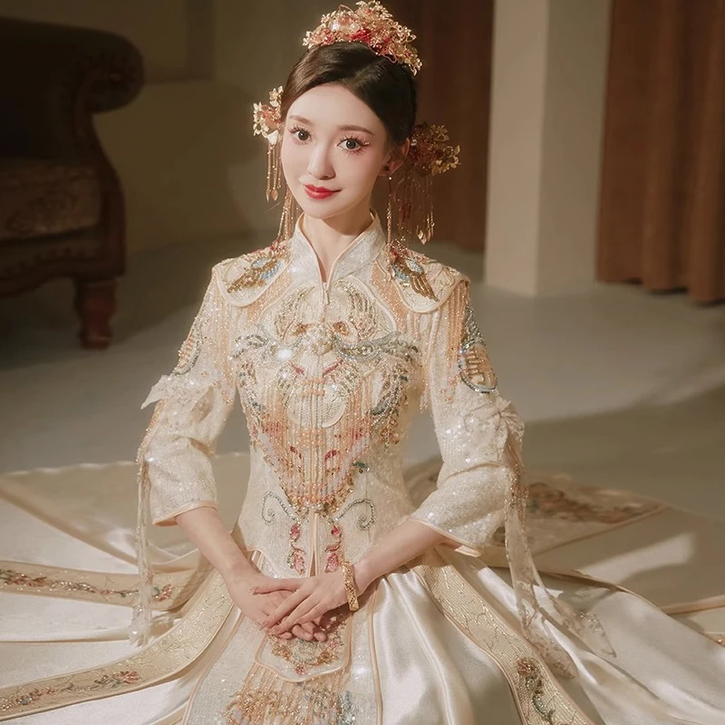 秀禾服2024新款夏季结婚香槟色高级奢华秀禾婚服龙凤褂中式新娘服