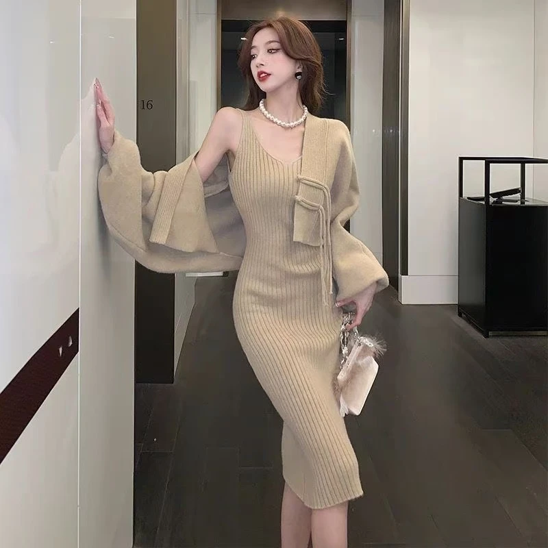 小香风法式气质针织罩衫修身包臀吊带连衣裙两件套套装秋冬季新款
