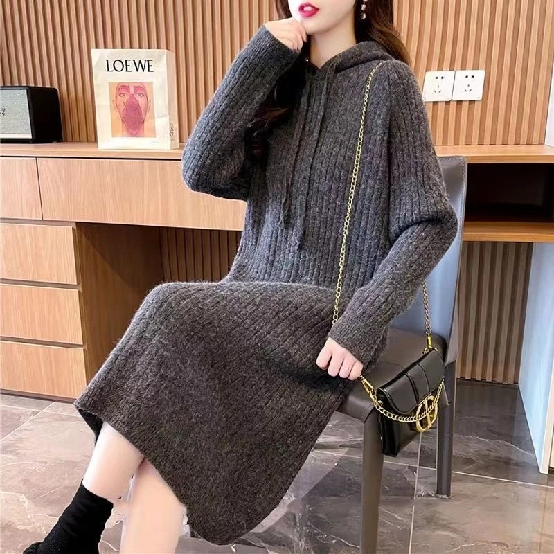秋冬新款加厚长款过膝慵懒连帽毛衣裙宽松百搭针织打底衫