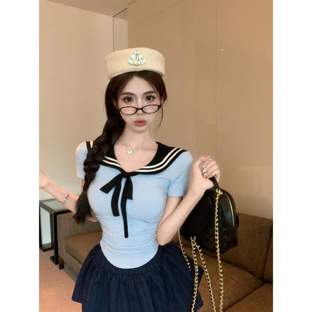 蓝色系带海军领短袖修身T恤女夏季褶皱显瘦甜辣小众短款百搭上衣