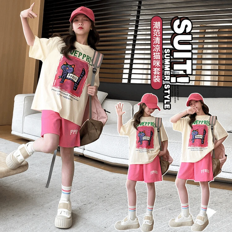 女童套装夏装短袖两件套2024中大童夏季多巴胺套装女孩8-14岁休闲