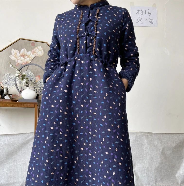 棉麻花边碎花连衣裙女秋冬盘扣加绒加厚抽绳显瘦中长款裙子中